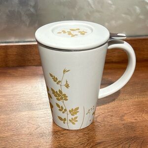 David’s Tea Gold Flower 16 oz White Mug with Lid & Infuser - Davids